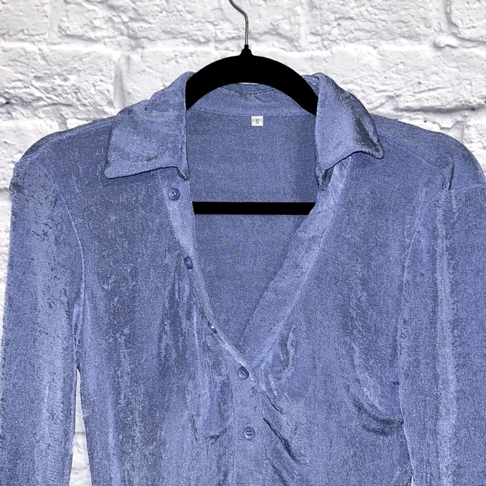 Mod Sky Dusty Blue Button Down Collared Blouse - image 3